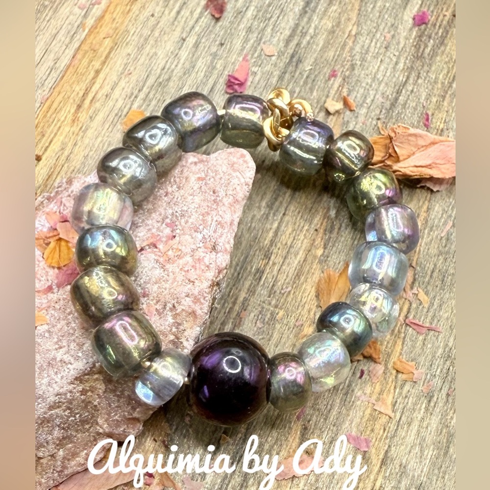 Obsidian and aura quartz beaded ring